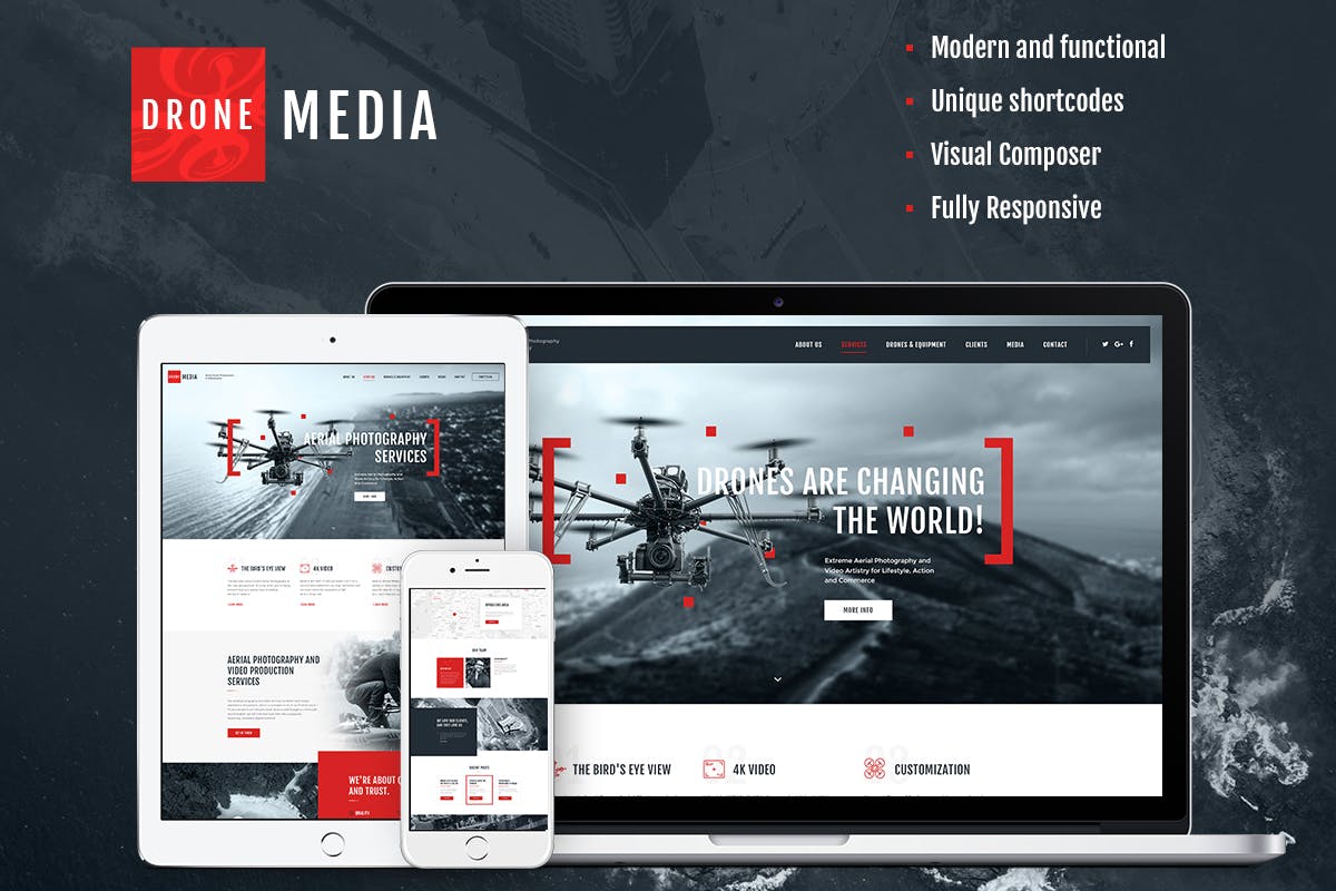 Drone Media-航空摄影和摄像 无人机航拍服务wordpress主题 网站模板