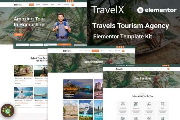 TravelX – 旅游旅行酒店预订WordPress带后台网站模板 Elementor Template Kit