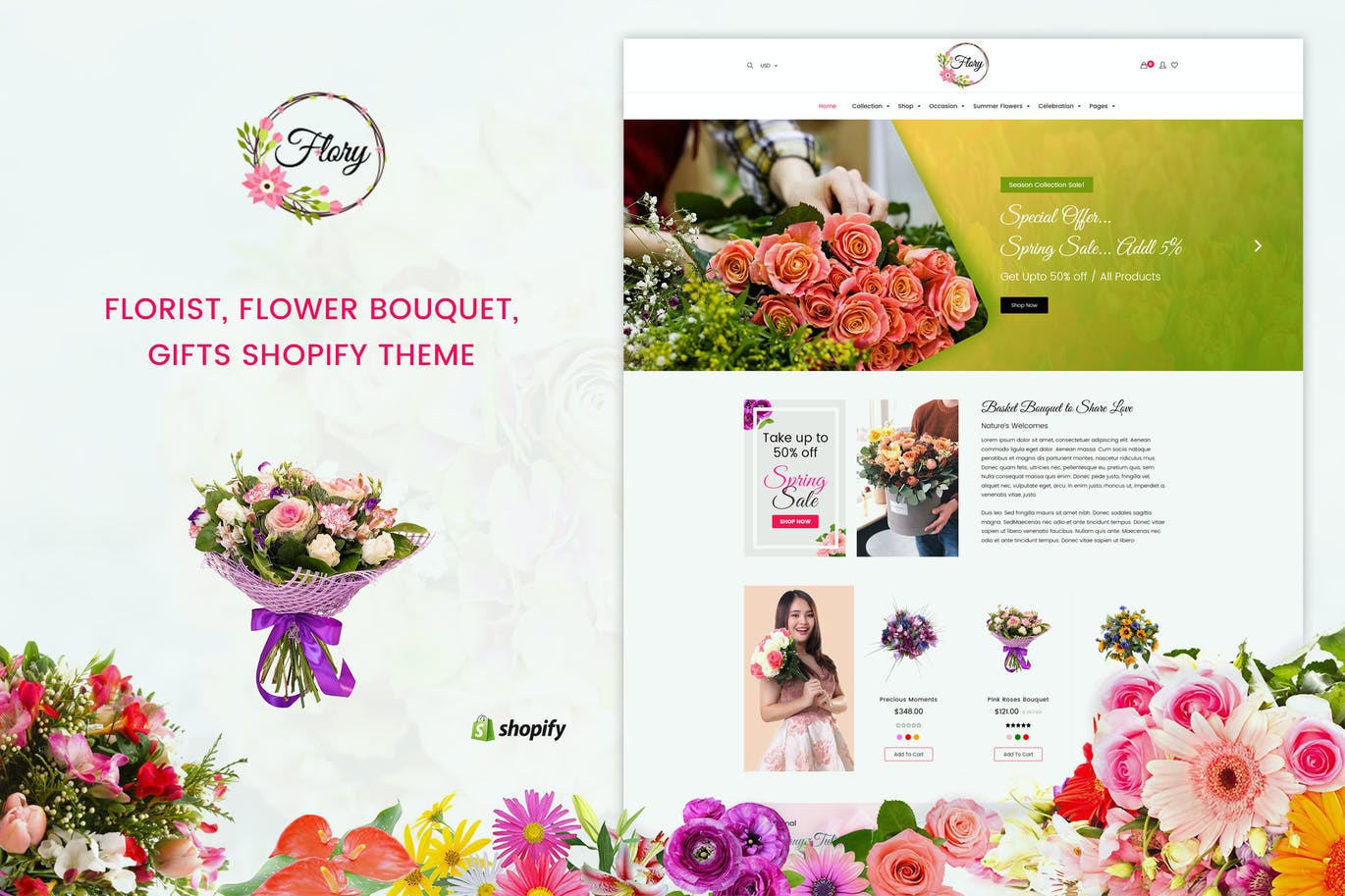 Flory | 花店，鲜花花束，Shopify主题