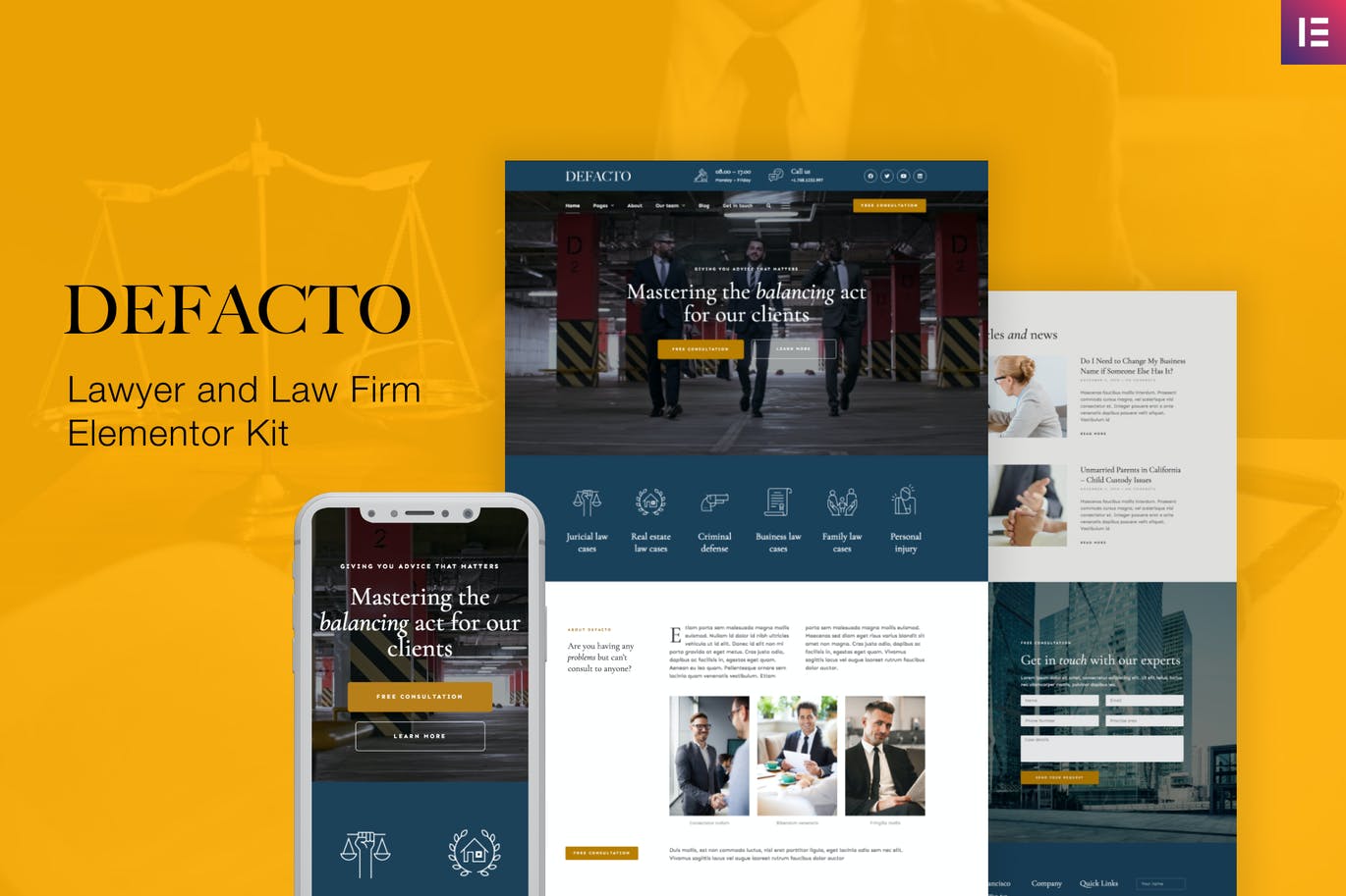 Defacto – 律师与律师事务所 Elementor Template Kit