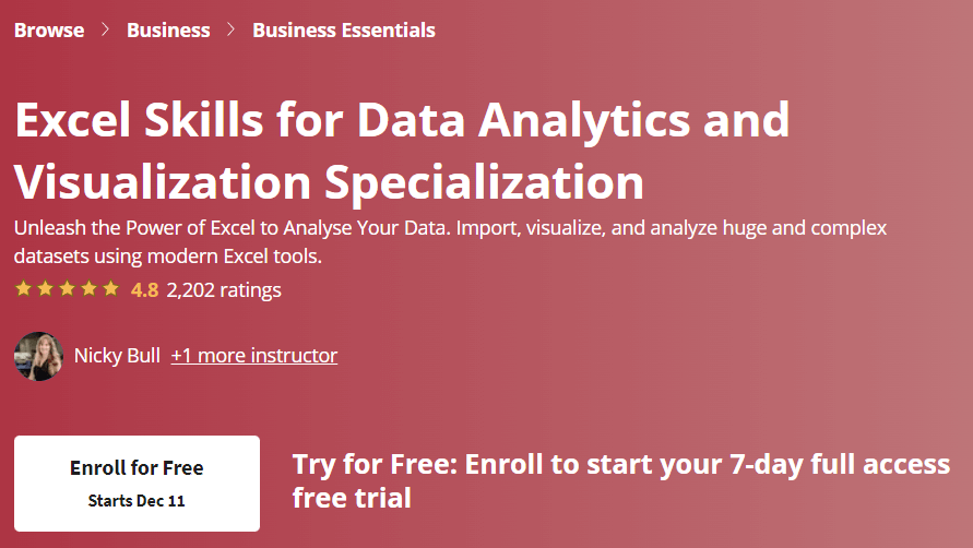 【Coursera中英字幕】Excel Skills for Data Analytics and Visualization Specialization