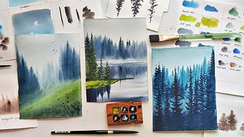 【Skillshare中英字幕】Paint gorgeous watercolor misty pines – A beginner’s guide