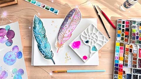 【Skillshare中英字幕】Playful Watercolor For Beginners – Paint A Magical Feather Bookmark With The Wet-on-Wet Technique