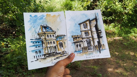【Udemy中英字幕】Urban Sketching – Learn to Paint Three Beautiful Paintings